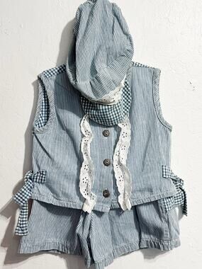 VTG Cupid USA Top Short Hat Toddler 1-2 3pc Set Stripe Eyelet Blue Gingham 90s